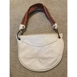 Bolsa White Leather Hobo Baguette Colorful Fabric Strap ~ HELLO LOVELY!